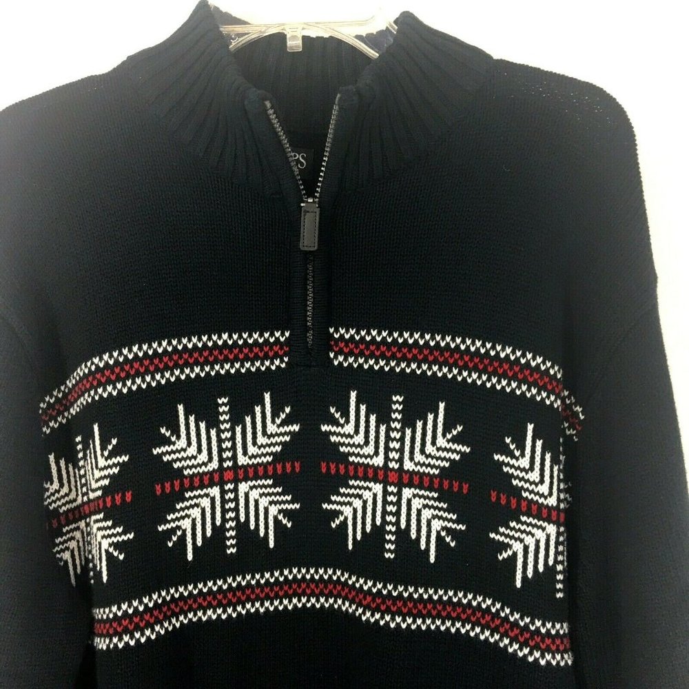 Chaps Black Geometric Lodge Nordic Snowflake Pattern Zip Up Sweater Men’s Sz XL